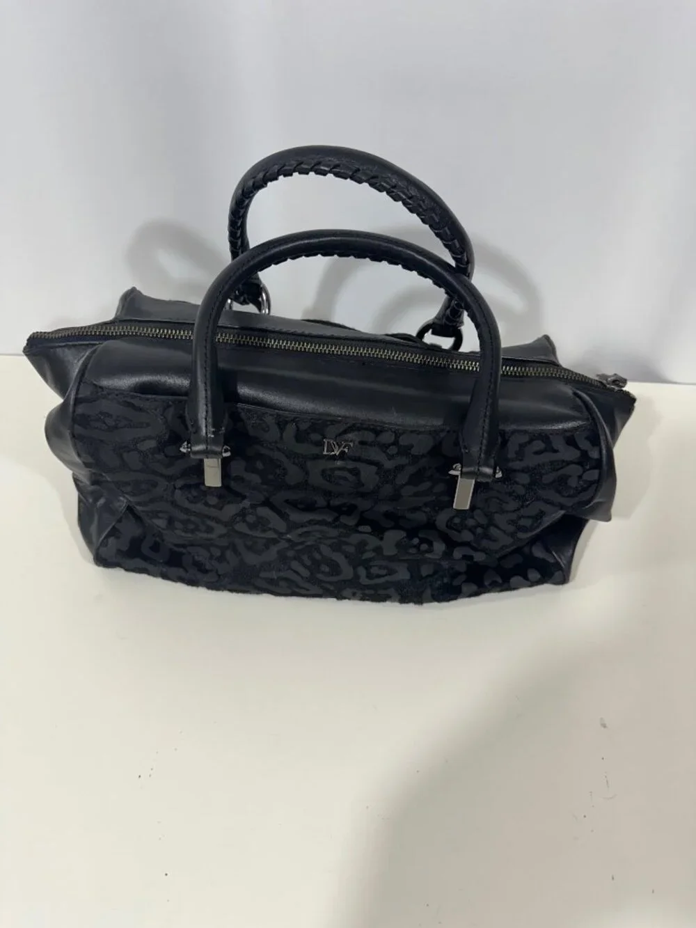Diane von Furstenberg Drew Black Leopard Haircalf Leather Satchel Bag DVF Purse